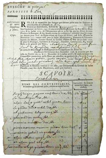 Page de garde du role de capitation de laz de 1740